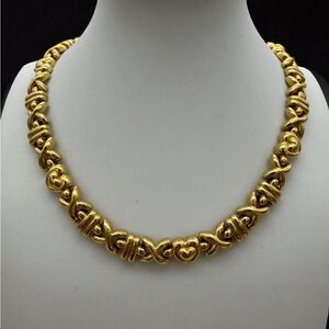 Vintage Signed Monet Gold Hugs and Kisses Heart Link Necklace - Women Jewelry